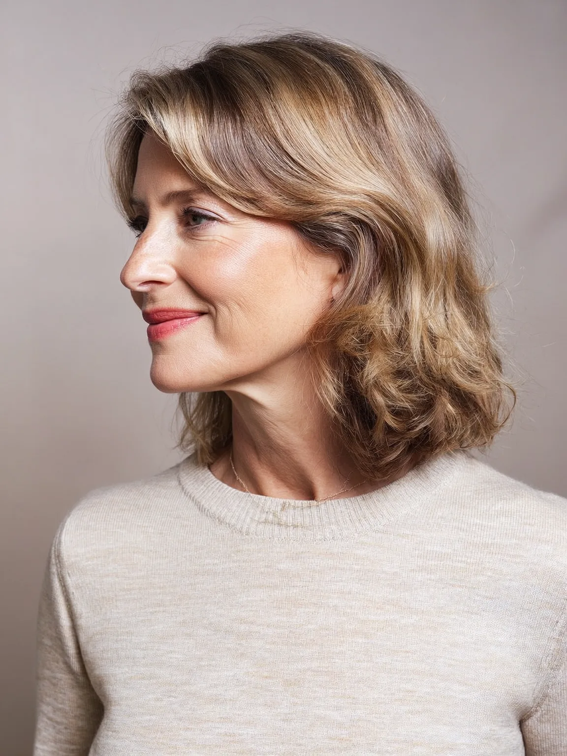 Tousled Soft Honey Blonde Layers with Side-Swept Bangs